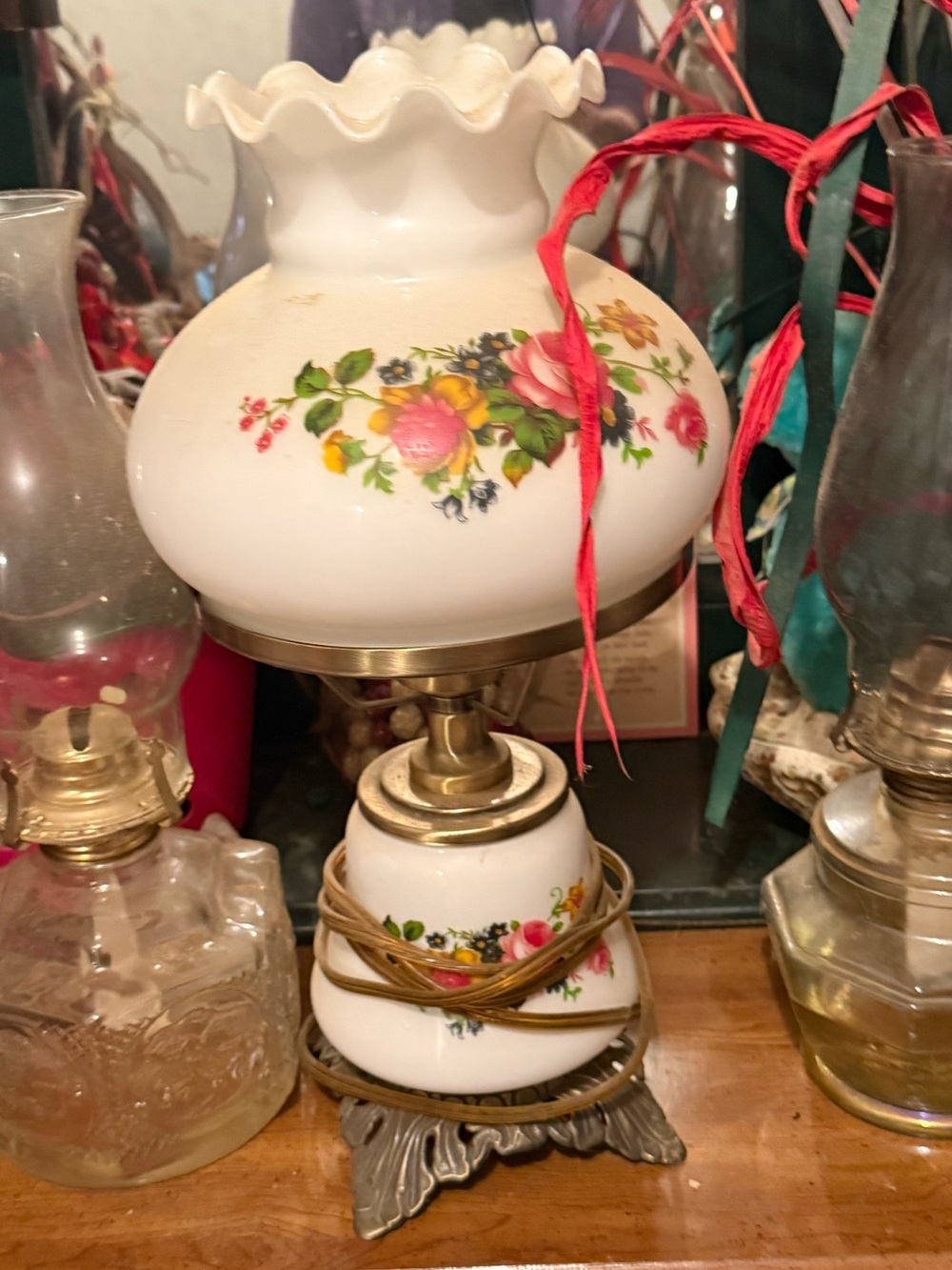 Vintage White Floral Milk Glass Table Lamp with Pink and Yellow Roses